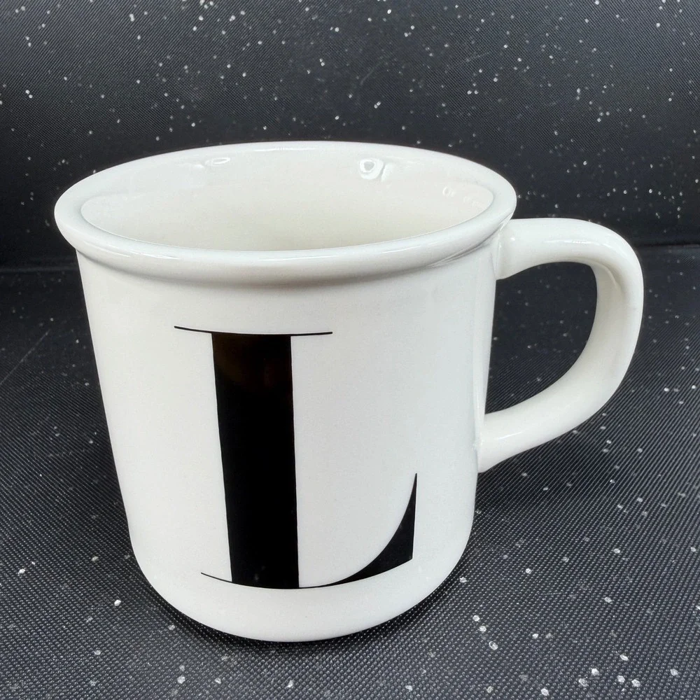 Pottery Barn Initial L Monogram Coffee Mug Cup White Black Stoneware 4in Tall
